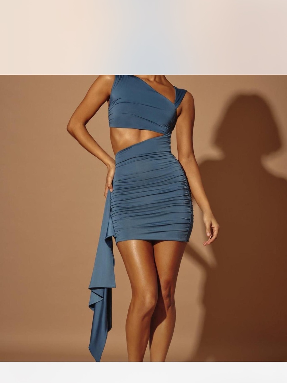Oh Polly Slate Blue Asymmetric Cutout Ruched Midi Dress